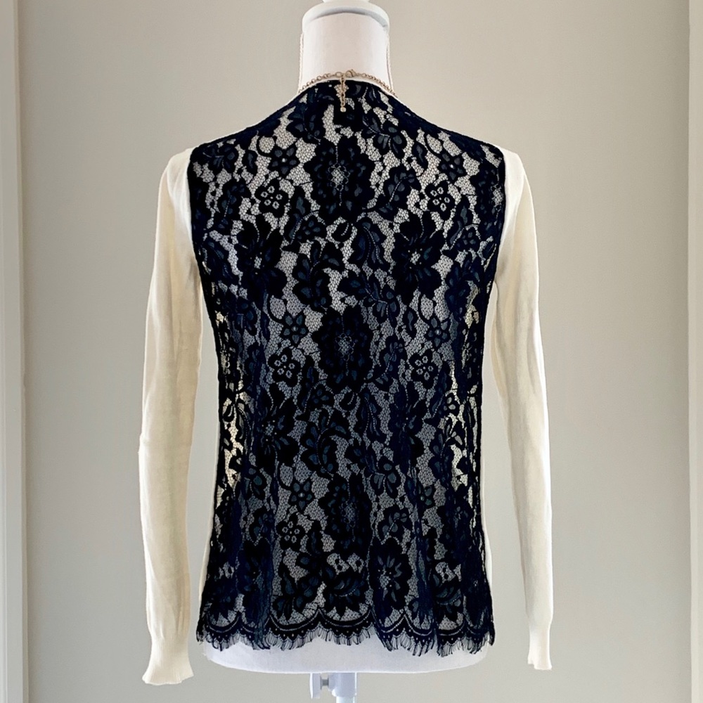 Saks White Button-up Cardigan with Black Lace - Picture 3 of 6